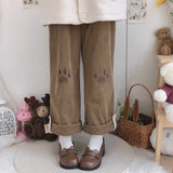 QWEEK Harajuku Kawaii Beige Corduroy Pants Cute Japanese Style Lolita Brown Wide Leg Trousers Embroidery Girly Sweet Pantalon