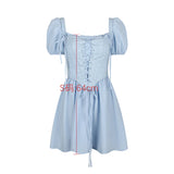 Summer Detachable Puff Sleeve Corset Dress Mini Elegant Blue Square Neck Dress Casual Women Holiday Party Dress