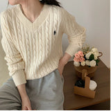 Hiqdress-Women's Twist Pullover Knitted Sweater Solid Casual Jumper Fall Winter Vintage Embroidered V-Neck Long Sleeve Top