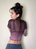 Summer Crop Top Mesh Tops Short Sleeve Purple T Shirt Women Clothes Sheer See Through Gothic Floral Tees Y2k Chic Tshirt