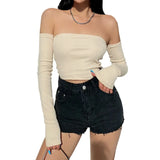 Female Crop Tops T-shirts, Solid Color Boat Neck Off Shoulder Sexy Tops Pullover with Long Sleeves for Summer Club Wear