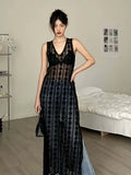 Sexy Vintage Lace Tank Dresses See Through Summer Women Sleeveless Mesh Maxi Dress Black Beach Cover Up Y2k Long Dress