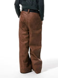 Mauroicardi Spring Autumn Long Loose Casual Brown Pu Leather Pants Men Wide Leg LUxury Designer Unisex Trousers Fashions 2023