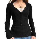 HiqdressWomen s Spring Autumn Slim Tops Black Long Sleeve Button Down Ribbed Skinny T-shirt