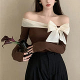 French Elegant Sweater Women Sexy Off Shoulder Bow Slash Neck Pullovers Ladies Y2K Korean Stretch Slim Long Sleeve Tops