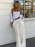 Casual Basic White Pants Women Baggy Low Waist Straight Trousers Solid Color Thin Wide Leg Pantalones Ladies Summer