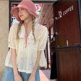 Sweet Shirts Women Kawaii Cute Print V Neck Puff Short Sleeve Blouse Student Korean Fashion Embroidery Loose Casual Top