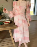 New French Elegant Print Midi Dress Woman Summer Casual Pink One Piece Sundress Lady Fashion Evening Party Vestidos