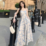 Summer Print Elegant Beach Dress New Women Vintage Pearl Beading Sweet Midi Dress Female Princess Fairy Strap Evening Dress