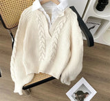 Japanese Lazy Retro Design with Fake Two Sweaters for Autumn and Winter Women's Clothing