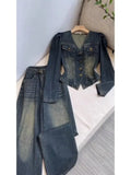 V Neck Denim Coat Wide Leg Jeans Trousers 2 Piece Sets Womens Outfits Y2k Suits Vintage Autumn Winter Jacket  Loose Pants