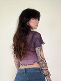 Summer Crop Top Mesh Tops Short Sleeve Purple T Shirt Women Clothes Sheer See Through Gothic Floral Tees Y2k Chic Tshirt