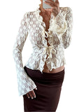 Women s Summer Lace Shirt Tops Y2k Flare Long Sleeve Tie Front Sheer Slim Crop Cardigan Clubwear