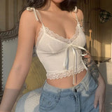 Coquette White Tank Top Women Deep V-Neck Sexy Cute Lace Patchwork Lace-up Slim Sleeveless Crop Top Y2k Camisole Summer