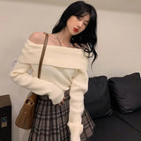 HiqdressHigh Street Sexy Off Shoulder Gray  Sweaters  Autumn New Thicked Warm Tops Women Y2k Grunge Long Sleeve Knitted Pullover