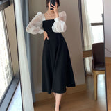 Korean Black Dress Women Elegant Fashion Summer Office Ladies High Waist Dress Chiffon Patchwork Square Collar A Line Vestidos