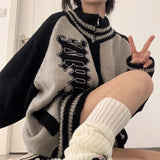 Deeptown Streetwear Y2k Zip Sweater Cardigan Women Retro Grey Striped Patchwork Oversize Letter Jumper Korean Style Knitted Top