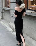 Women Elegant Solid Long Dress Summer Fashion Off Shoulder Chic Bodycon Evening Party Dresses Korean One Piece Clothing 2024