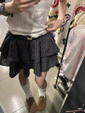 Kawaii Black Plaid Mini Skirt Women Japanese Sweet Harajuku Y2K Elastic Waist A-line Loose Ruffle Short Skirt Lolita