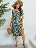 Plus Size Floral Print Puff Sleeve Midi Dress For Women 2024 Summer Boho Holiday Elastic Waist Sweet Split Long Dresses