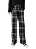 Spring Summer Plaid Casual Women's Pants Elastic Waist Retro Straight Wide Leg Trousers For Girls