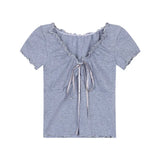 Sexy Ruffle V Neck Lace Up Cropped T-shirts Summer Women Solid Color Slim Student Korean Tshirt Tops CDPF-DL-5288