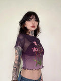 Summer Crop Top Mesh Tops Short Sleeve Purple T Shirt Women Clothes Sheer See Through Gothic Floral Tees Y2k Chic Tshirt