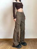 Women American Vintage Baddie Style Lace Up Cargo Pants Grunge High Waist Straight Leg Trousers Harajuku Fashion Y2k Streetwear