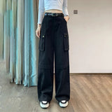 HOUZHOU Y2K Cargo Pants Women Green Wide Leg Cargo Trousers Female Korean Streerwear Hip Hop Pockets Casual Retro Safari Style