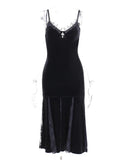 Sexy Spaghetti Strap Backless Velvet Woman Long Dress Gothic Cross Black Lace Patchwork Maxi Robe Harajuku Emo Partywear CC22161