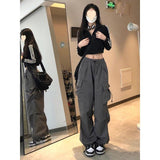 HiqdressWomen Big Pockets Cargo Pants Y2k High Elastic Waist Drawstring Baggy Trousers Vintage Casual Loose Side Zipper Straight Pants