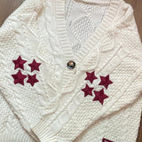 Ins Fashion V-neck Single Breasted Knitted Sweater Autumn Star Embroidered Cardigan Casual Long Sleeve Crochet Cardigan Tops