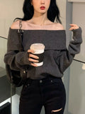 Off Shoulder Knitted Sweater Women Long Sleeve Elegant Pullovers Autumn Winter Pure Color Fashion Sexy Y2k Clothing Tops Korean