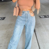 2023 Women Summer Sexy High Waist Jeans Washed Chain Straight Side Hollow Patchwork Blue Long Pants Zipper Pocket Denim Trousers