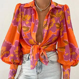 HiqdressFashion Lapel Lantern Sleeve Blouses Spring Office Lady Vintage Floral Print Shirts Tops Button Up Long Sleeve Shirt