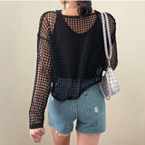 Summer Women Casual Knit T-shirts Long Sleeve Y2k Hollow Out Smock Top Streetwear Beach Shirt Loose Pullover Tee 2024