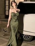 Summer Women Sexy Spaghetti Strap Evening Party Prom Club New Elegant Backless Split Satin Long Dresses Female Vestidos