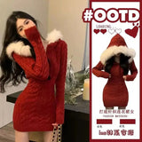 2022 Winter Knitted Sweater Dress with Hooded Women Slim Bodycon Y2k Mini Dress Faux Fur Female One Piece Dress Korean Elegant