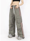 Hiqdress Y2K Kpop Cargo Pant Women Drawstring Pockets Wide Leg Chic Punk Pants Baggy Striped Sports Sweatpants Parachute Jogger Trousers