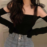 New Autumn Sexy Off Shoulder Sweaters For Women Vintage Mesh Lacing Bow Slim Korean Fashion Crop Sweater Top