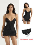 Sexy Lace Satin Slip Mini Dress with Corset Classy Simple Spaghetti Strap V Neck Black Party Dresses for Women