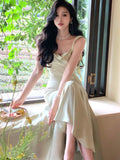 New Summer French Fashion Women Spaghetti Strap Elegant Long Mermaid Ruffles Dresses Evening Party Prom Clothes