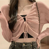 Pink Hollow Out Cardigan Women Sweet Kawaii Slim Ladies Shirt Solid All Match Drawstring V Neck Female Top Summer New