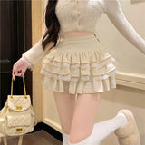 Lace Patchwork Mini Skirt Girly Style Fashion High Waist Ball Gown Korean Sexy Apricot Ruffles Pleated Skirt Ladies New