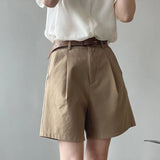 Belt Pure Cotton Shorts Women High Waist Wide Leg A Line Suit Shorts Office Lady Solid Loose Casual All Match Short Pants