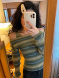 Deeptown Harajuku Off Shoulder Knitted Sweater Women Vintage Green Striped Jumper Fairycore Slim Two Piece Sets Y2K Tops E-girl