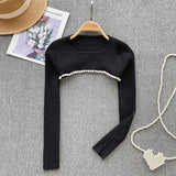 Elegant Sweet Long Sleeve Hollow Out Knit Pullover Korean Fashion Casual Sweater Autumn Winter Women Knitwear Crop Tops