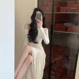 Knitted Swing Neck Dress Autumn Off Shoulder Long Sleeve Pleated Slim Fit Design Feel Gentle Style Long Dress  Y2k