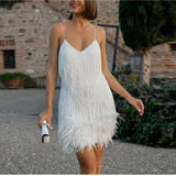 Spring Outfits New Sexy Tassel Sequins Feather Mini Dress Women Spaghetti Strap Stitching Dresses Female Elegant Evening Party Club Dress