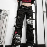 Goth Punk High Waist Jeans Harajuku Metal Buckle Hip Hop Print Cargo Pants Wide Leg Baggy Loose Denim Trousers